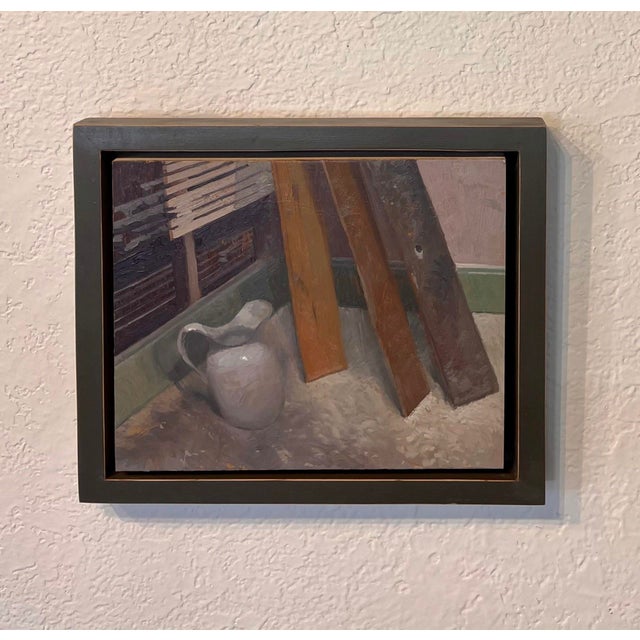 Pitcher by Brad Davis | Oil on Panel Still Life of a White Pitcher and Wooden Planks For Sale - Image 4 of 5