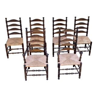 Late 20th Century Ladderback Chairs With Rush Seating - Set of 6 (4 Side, 2 Arm) For Sale
