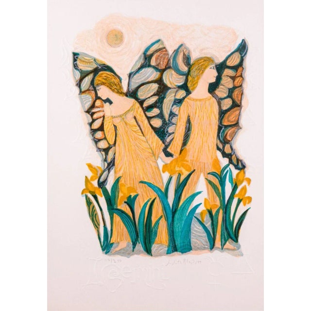 An imaginative and whimsical embossed lithograph titled "Gemini" by American artist Judith Bledsoe. Hand signed in pencil...