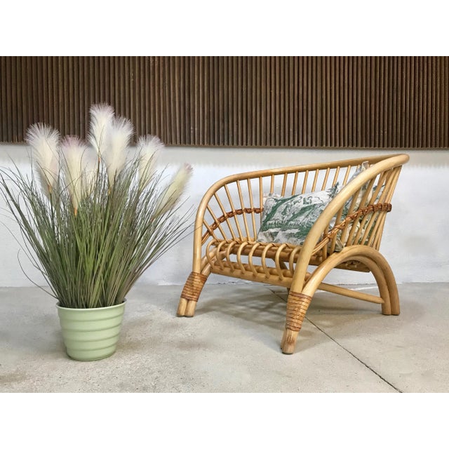 Light Yellow Large Italian Bamboo Lounge Chair with Leather Lacings, 1970s For Sale - Image 8 of 18