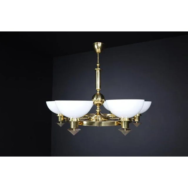 Metal Brass and White Opaline Glass Chandeliers, Italy, 1970s For Sale - Image 7 of 8