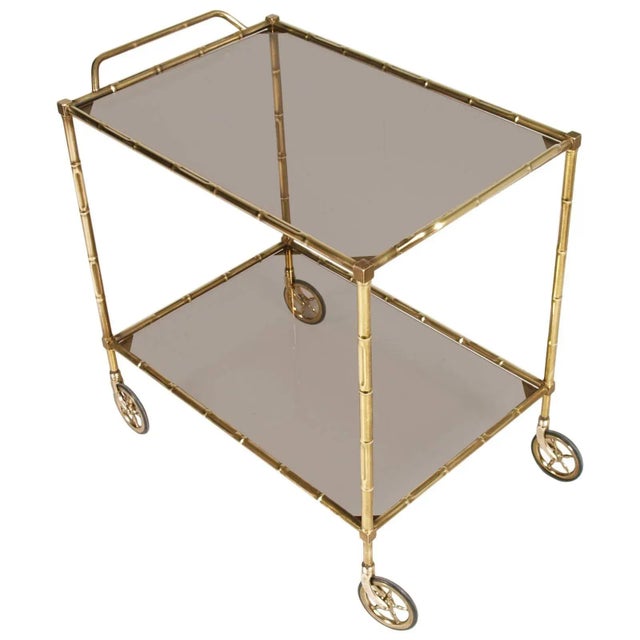 Art Deco Bar Cart in Bamboo Brass and Smoked Glass, 1940s For Sale - Image 6 of 6