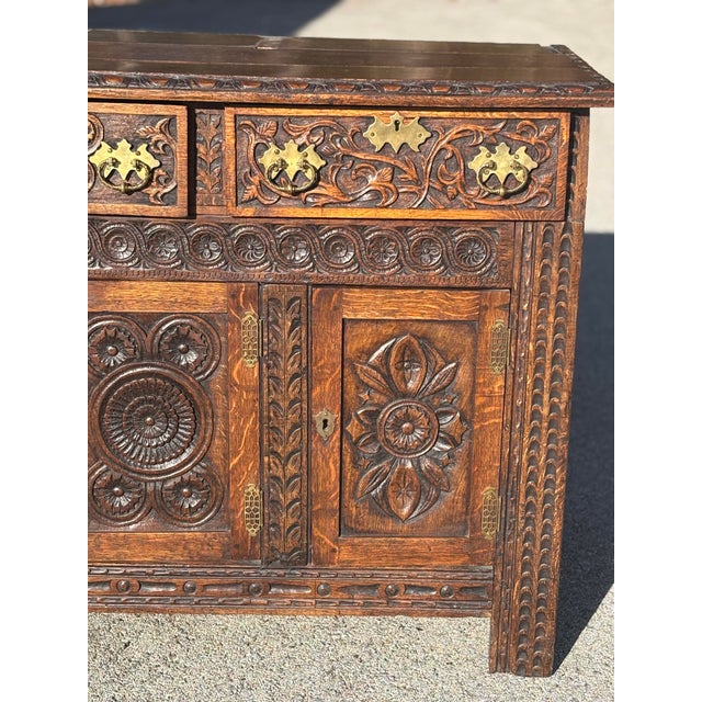 Antique Jacobean Revival Style Intricately Carved Oak Sideboard For Sale In Dallas - Image 6 of 9