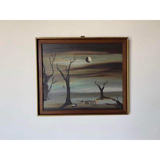 Mid-Century Modern 1969 Vintage Geho Surrealist Landscape Oil Painting, Framed For Sale - Image 3 of 11