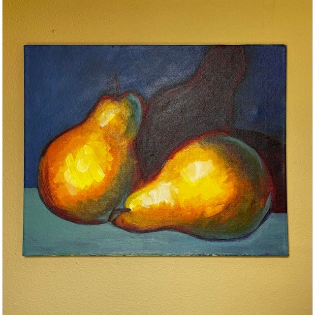 This vintage original oil painting on canvas features Expressionist style focusing closely on two pears resting side by...