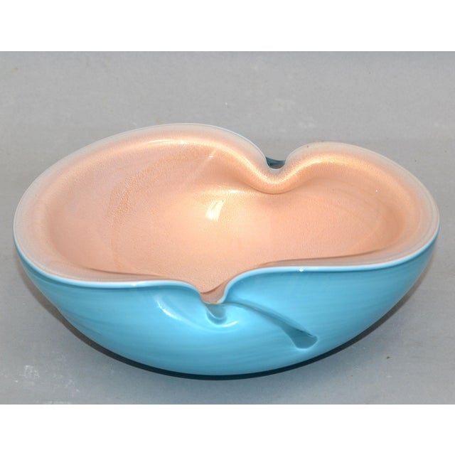 Italian Murano Clear Turquoise Blue & Light Peach Blown Art Glass Bowl 1960 For Sale - Image 12 of 13