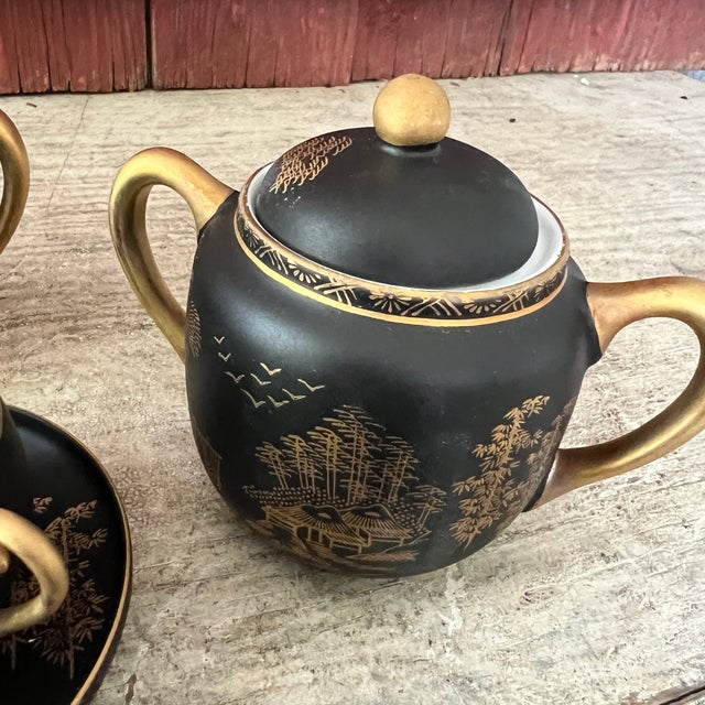 Vintage Kutani China Hand-Painted Black & Gold Japanese Tea Set With Teapot & Cups - Set of 15 For Sale - Image 14 of 18