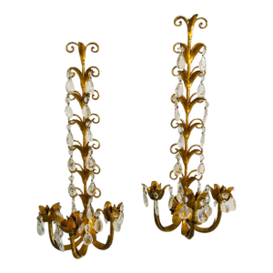 Vintage Mid 20th Century Italian 3 Light Gilded Gold Metal Toleware Wall Sconces With Crystal Prisms - a Pair