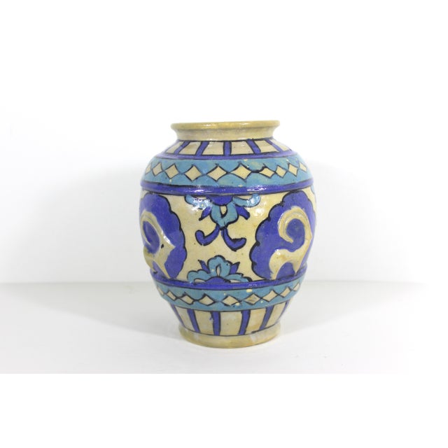 Moroccan Vintage Primitive Clay Vase With Raised Ram Motif Blue and Turquoise For Sale - Image 3 of 11