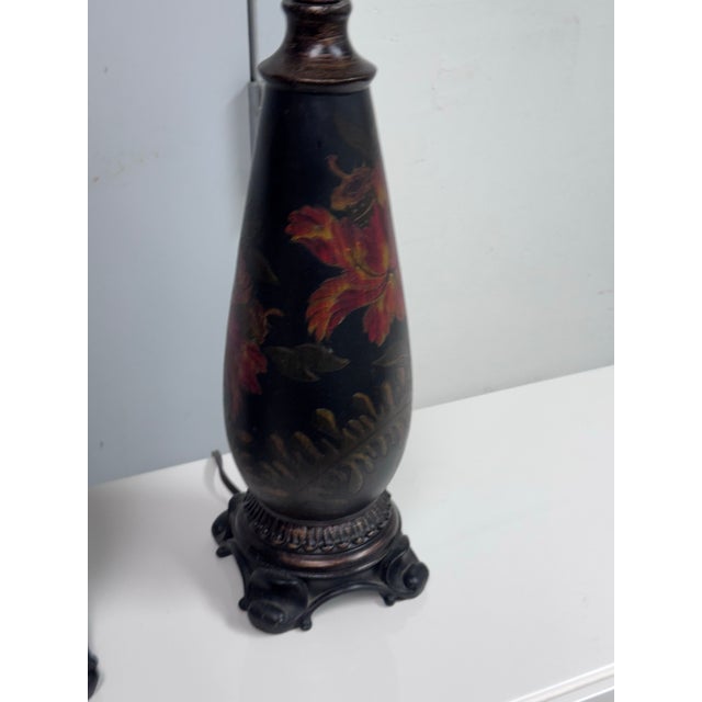 Design Plus Gallery presents a Pair of Circa 1990's Chinoiserie Hand Painted Table Lamps. This pair of Chinoiserie-style...