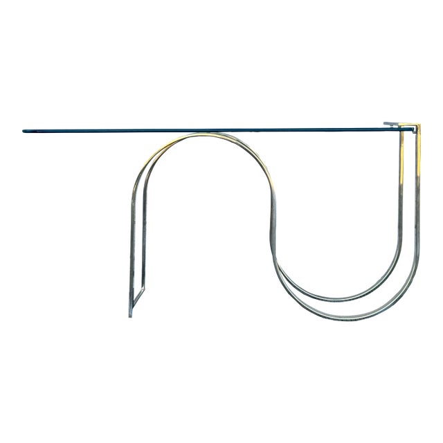 1980s Postmodern Brass-Finish Metal & Glass Console Table With Curved Base For Sale