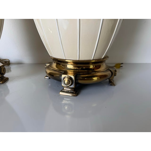 Beige 1980s Vintage Beige Ceramic Table Lamps on Brass Finish Bases – A Pair For Sale - Image 8 of 12