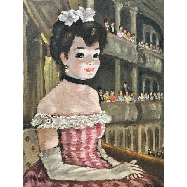 Mid-Century Modern Original French Oil Painting Girl at the Opera by M. Valmain C.1950 Mid Century For Sale - Image 3 of 8