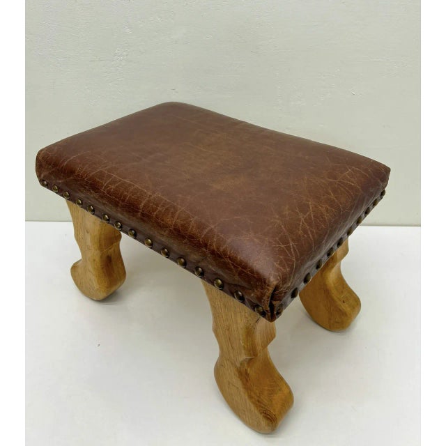 White Oak Wood and Leather Stool, 1970s For Sale - Image 4 of 8