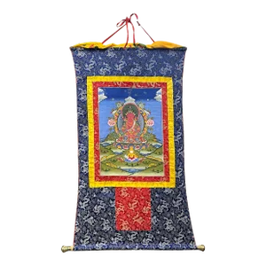 Tibetan Print Fabric Trim Amitayus Buddha Art Wall Scroll Thangka
