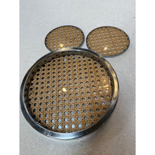 1970s Vintage Chrome and Cane Tray With Matching Coasters, 1970s For Sale - Image 5 of 7