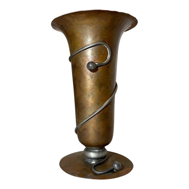 Antique Arts and Crafts Hammered Copper Silver Metal Trumpet Vase Sculpture For Sale