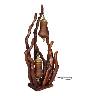 1970s Rustic Handcrafted Tree Branch Floor Lamp With Amber Glass Globes For Sale
