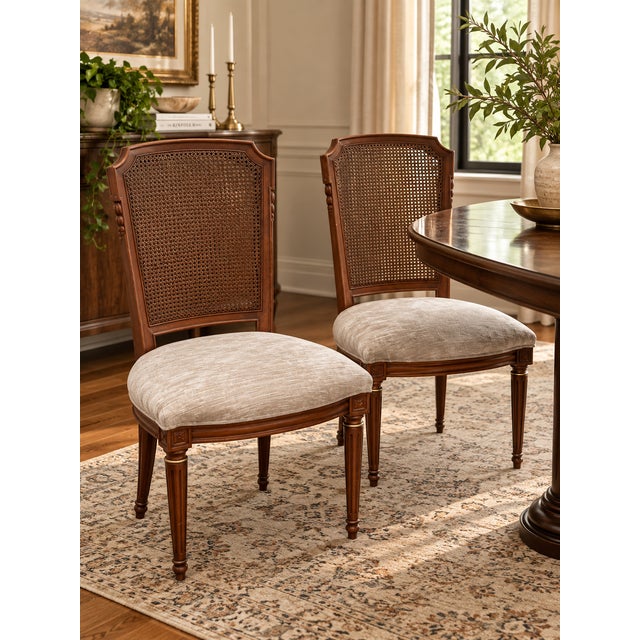An elegant coordinating pair of vintage French Provincial side chairs featuring warm wood frames, beautifully preserved...