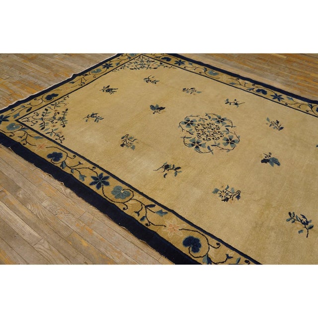 Textile 1900s Beige Floral Minimalist Deco Antique Peking Wool Knotted Small Rug For Sale - Image 7 of 10