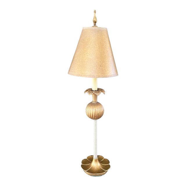 Vintage Tall Gold Art Nouveau Lilly Pad Table Lamp With Gold Shade For Sale