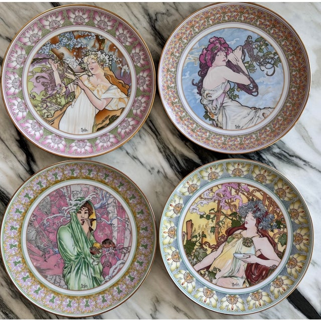 1985 Alphonse Mucha Art Nouveau Ladies of the Seasons Decorative Wall Plates - Set of 4 For Sale - Image 17 of 18