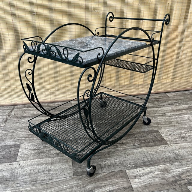 Salterini Mid Century Wrought Iron Marble Top Patio Serving Cart in the Salterini Style. Circa 1960s For Sale - Image 4 of 17