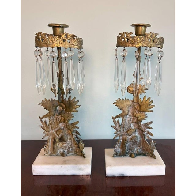 Antique Victorian Cornelius & Co. Gilt Mantel Lusters, Crystal Girandoles, Gold Figural Candlesticks Candelabra Marble 1800’s For Sale In Pittsburgh - Image 6 of 12