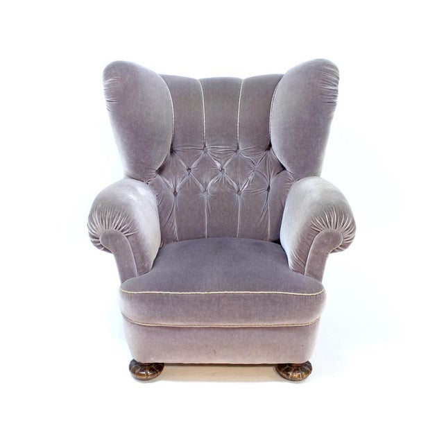 Mid-Century Modern Swedish Modern Lounge Chair in Grey Velvet, 1940s For Sale - Image 3 of 16