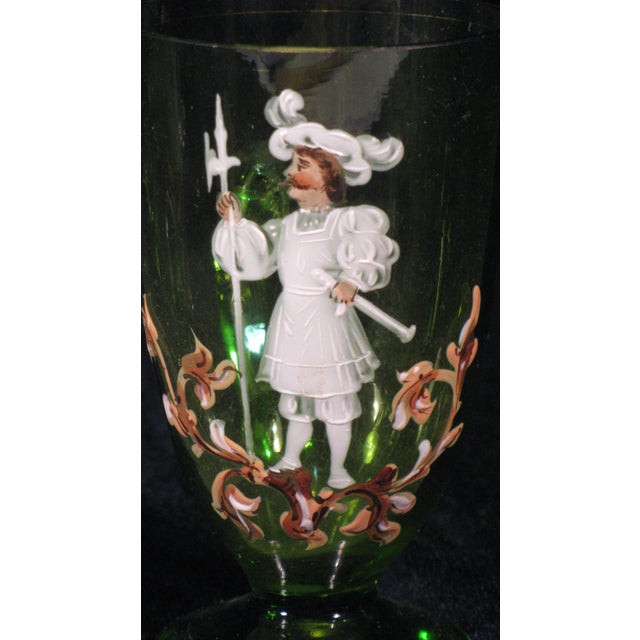 Early 21st Century Tea Glass Cups Karl Moser Style Hand Panted Enamel Renaissance Guardsmen Green - Set of 4 For Sale - Image 5 of 17