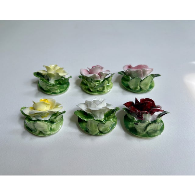 Kelly Green 1940s Set of 6 Staffordshire Radnor Bone China Rose Place Card Holders For Sale - Image 8 of 18
