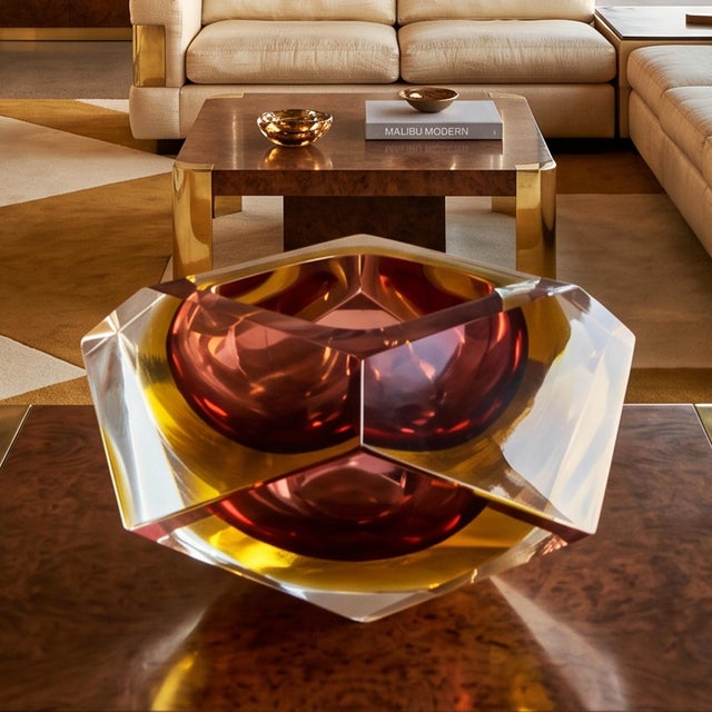 1960s Gorgeous amber and yellow ashtray or catchall by Flavio Poli for Seguso in Murano sommerso glass. Made in Italy. So...
