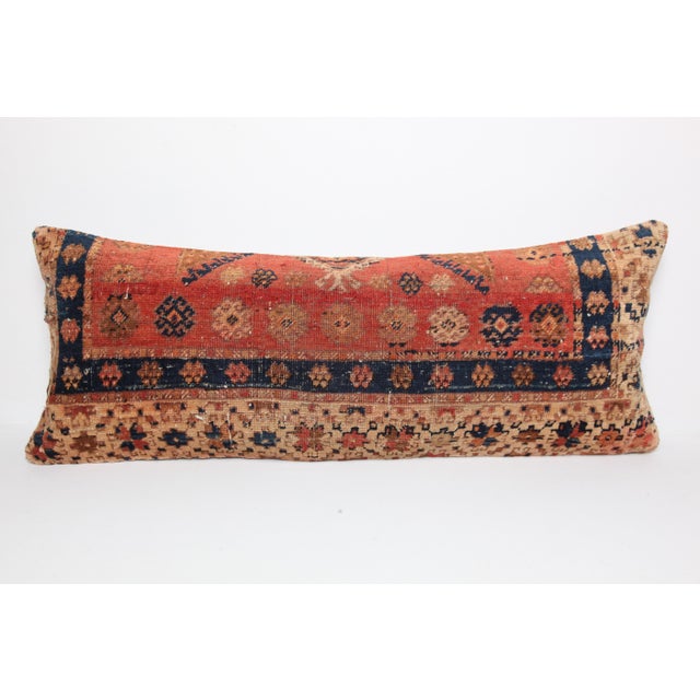 Textile Antique Handwoven Red & Navy Rug Pillow – Home Décor Accent -16'' X 39'' For Sale - Image 7 of 10