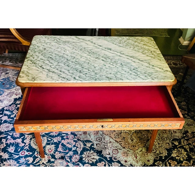 Art Nouveau Mid 20th Century Albert Goumain Paris Louis XVI Marble Top Writing Table With Gilt Bronze Gallery For Sale - Image 3 of 10
