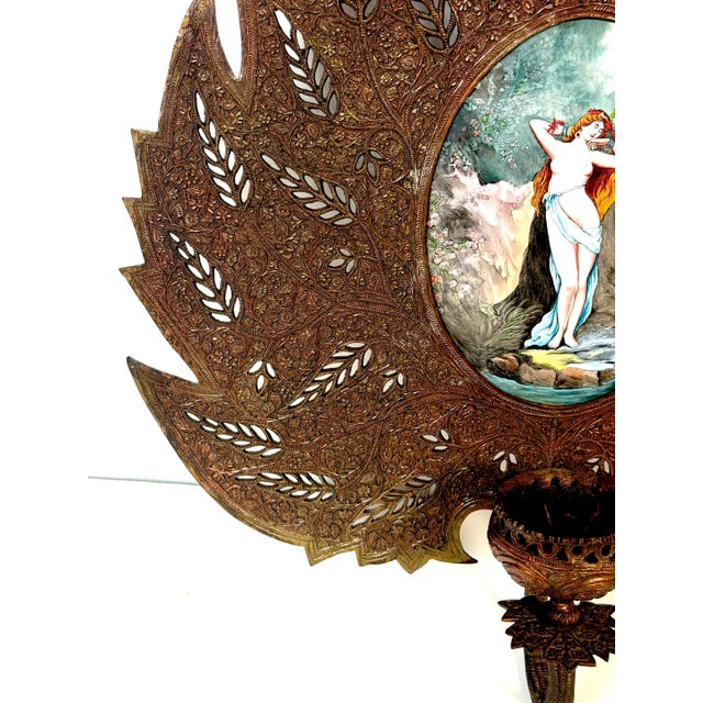 Early 20th Century Pair Orientalist Bronze Palmette Candle Sconces Limoges Enamel Bather Plaques For Sale - Image 5 of 15