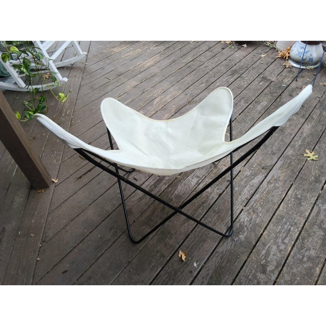 Mid-Century Modern Hardoy Style Welded Solid Wrought Iron BKF Butterfly Chair With Purple Canvas Seat For Sale - Image 6 of 15