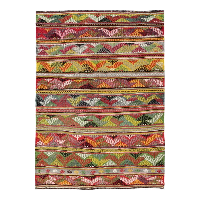 Mid 20th Century Vintage Turkish Hand Woven Embroidery With Bright & Colorful Tribal Motif Design For Sale