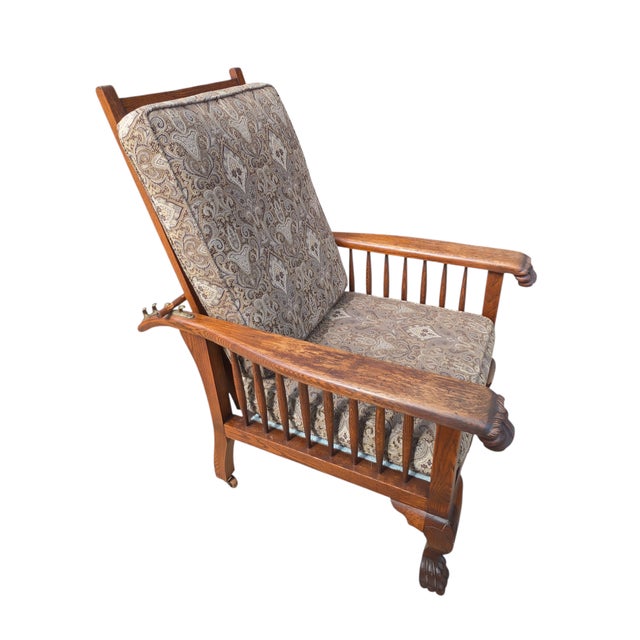 Antique Arts & Crafts Carved Oak Morris Recliner & Ottoman For Sale - Image 9 of 11