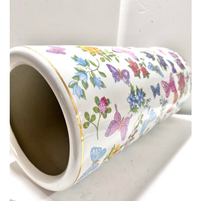 1980s Vintage Spring Butterfly & Botanical Ceramic Umbrella Stand Floor Vase With Gold Rim, Late 20th Century For Sale - Image 5 of 8