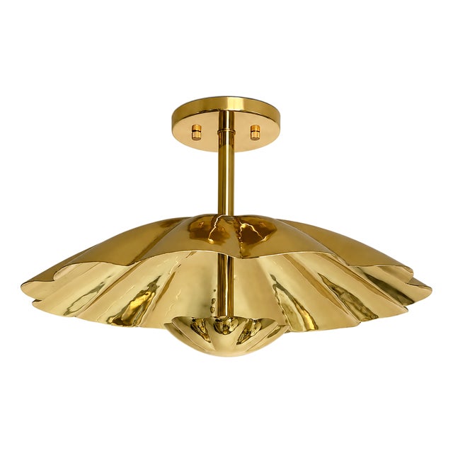 Brass Scallop Ceiling Light, Hollywood Regency Semi Flush Mount, Handmade Clam Shell Ceiling Lamp, Art Deco Gold Brass Fixture 28 Inch For Sale