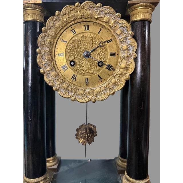 Traditional 19" Antique French Empire Ebonized & Ormolu Decorated Portico Mantel Clock For Sale - Image 3 of 10