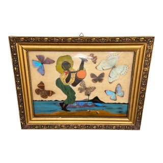 Vintage African Folk Art Iridescent Morpho Butterfly Wing Mosaic Made in Brazil For Sale