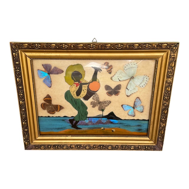 Vintage African Folk Art Iridescent Morpho Butterfly Wing Mosaic Made in Brazil For Sale