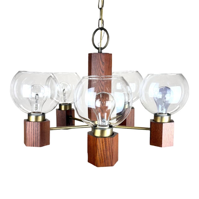 1970’s Mid Century Modern Wood & Brass 5-Light Globe Chandelier For Sale