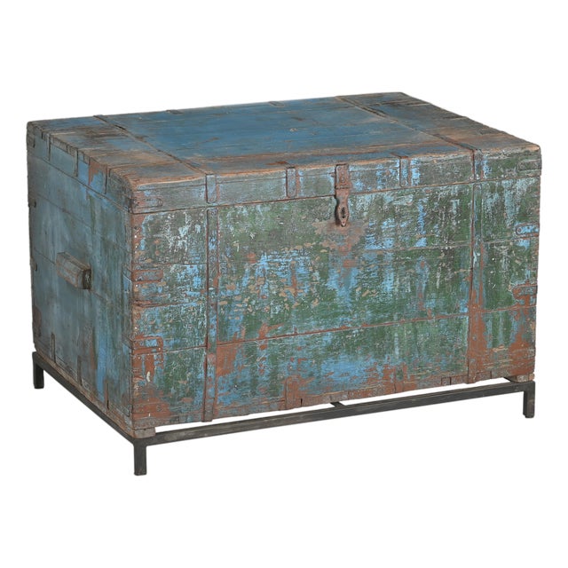 Vintage Indian Painted Teakwood Chest on Iron Legs For Sale