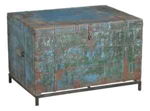 Vintage Indian Painted Teakwood Chest on Iron Legs