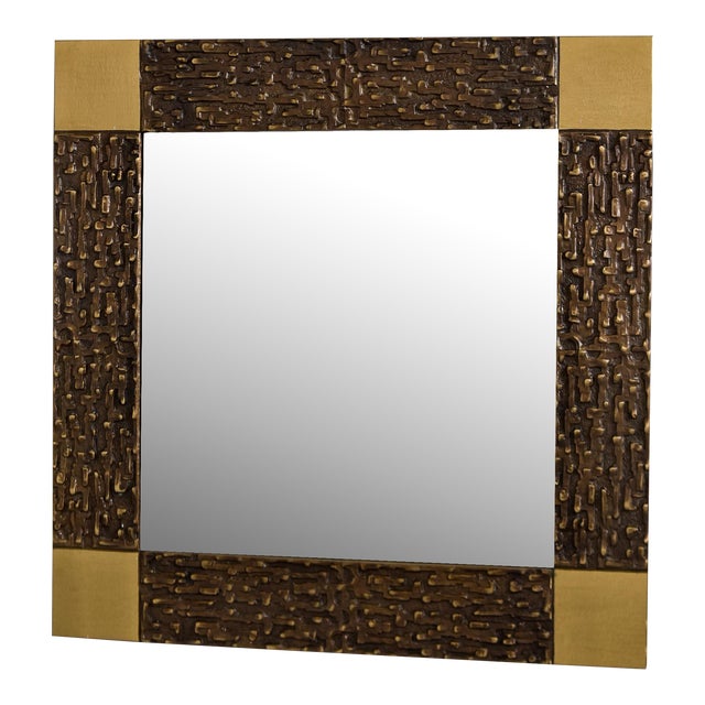 Mid Century Brutalist Square Mirror With Metal and Brass Frame For Sale
