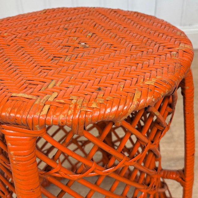 Vintage Boho Orange Wicker Round Plant Stand For Sale - Image 6 of 11