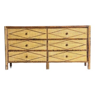 1980s Vintage Bloomingdale’s British Colonial Burnt Bamboo and Cane Lowboy Dresser For Sale
