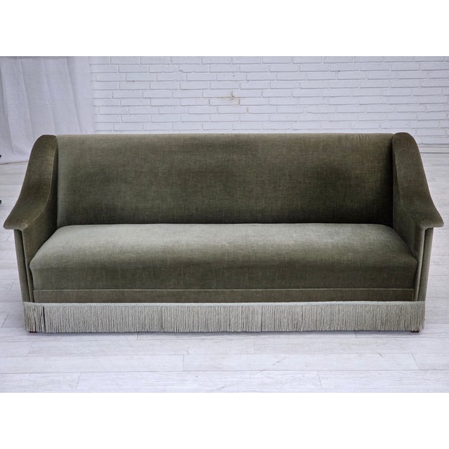 1970s, Danish 3-seater sofa. Original green furniture velour, beech wood, springs in the seat. Original very good...